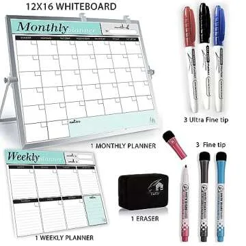 Dry Erase White Board for Desktop & Wall 12"x16" with 2 Magnetic Removable Planners - Weekly & Monthly to Do List Board with Stand, 6 Markers Eraser & Wall Hangers - Portable Double Sided Magnetic