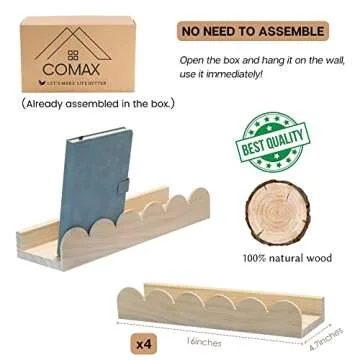 COMAX Nursery Floating Bookshelf Set, 4 Pack, Solid Wood, Wall Mount Bookshelves for Kids Room, Baby Bedroom