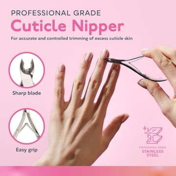 SUNUV 4PCS Cuticle Nippers, Cuticle Pusher with Nail File and Nail Buffer Set, Professional Stainless Steel Durable Pedicure Manicure Nail Care Tools