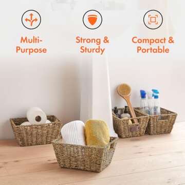VonHaus Seagrass Storage Baskets, Set of 4 Hand-Woven Display Hampers - Bathroom Storage Baskets for Shelves - Nesting Natural Wicker Seagrass Baskets for Storage w/Handles for Bedroom & Home Office