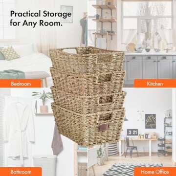 VonHaus Seagrass Storage Baskets, Set of 4 Hand-Woven Display Hampers - Bathroom Storage Baskets for Shelves - Nesting Natural Wicker Seagrass Baskets for Storage w/Handles for Bedroom & Home Office