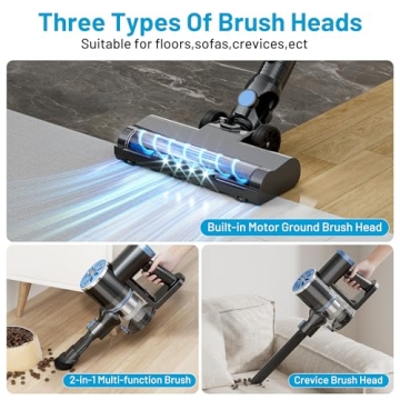 Cordless Vacuum Cleaner with Self-Standing, LED Screen Stick Vacuum Cleaners for Home, Lightweight Powerful Suction Vacuum, 6-in-1 Rechargeable Vacuum for Carpets, Pet Hair, Hardwood Floors