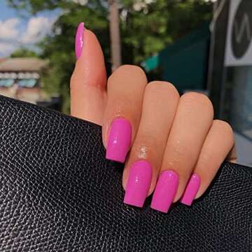 Hot Pink Nails Press ons Neon Pink Press on Nails Medium Square Glue on Nails Medium Length Short Acrylic Nails Glue on Medium Coffin Nails Fake Nails False Nails for Women Solid Color Gel Nails 24Pcs