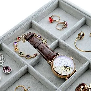 Oirlv Velvet Stackable Jewelry Display Trays 12 Grids Rings Earrings Bracelet Organizer Storage Tray(13.8"x1.29"x9.4")