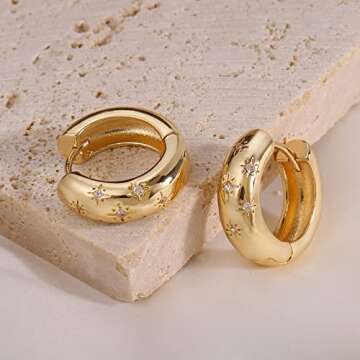 CONRAN KREMIX Small Thick Gold Chunky Hoop Earrings Diamond Lightweight Hoops For Women