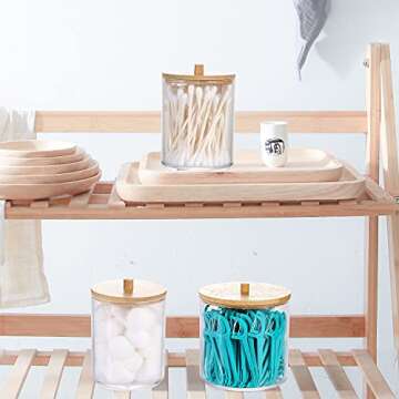 DoMiDoLa 3 Pack Acrylic Qtip Holder Dispenser for Cotton Ball Pad Round Swab Holder,Clear Plastic Apothecary Jars for Bathroom Canister Accessories Storage Organizer and Vanity Makeup Organizer