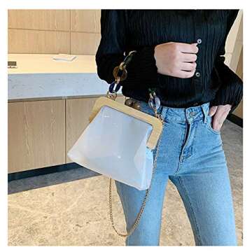 YUSHINY Women Transparent PVC Plastic Handbag Crossbody Durable Evening Bag with Removable Acrylic Curb Shoulder Strap (White)