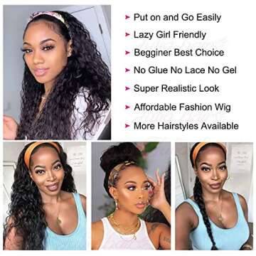 Water Wave Headband Wig Human Hair Wet and Wavy Headband Wigs for Black Women Curly Human Hair Wig with Headbands Attached Brazilian Hair Machine Made None Lace Front Wigs Natural Color 24 Inch