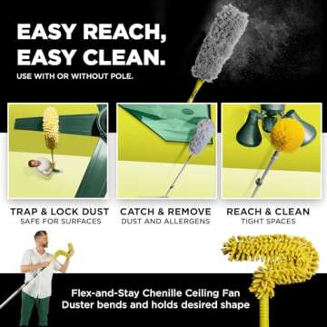 DOCA Duster Kit, Duster with Extension Pole 5-12 Ft (18+ Ft Reach), Dusters for Cleaning - Includes Feather Duster, Ceiling Fan Duster, Cobweb Duster