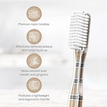 SMYL Toothbrush, Toothbrushes for Adults with Nylon Bristles, Oral Care and Plaque Removal, Fashion Textile Print, Plaid