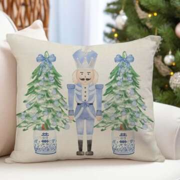 PANDICORN Christmas Blue and White Chinoiserie Throw Pillow Covers 18x18 Inch Nutcracker Sleigh Christmas Tree Bow Green Outdoor Grandmillennial Decorations Xmas Pillow Cases Set of 4 for Couch Decor