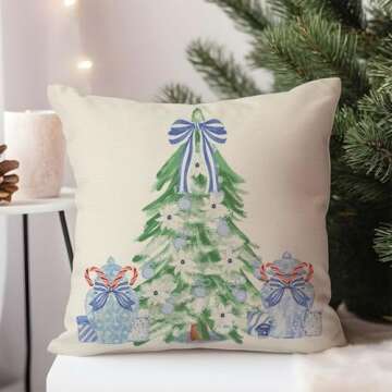 PANDICORN Christmas Blue and White Chinoiserie Throw Pillow Covers 18x18 Inch Nutcracker Sleigh Christmas Tree Bow Green Outdoor Grandmillennial Decorations Xmas Pillow Cases Set of 4 for Couch Decor
