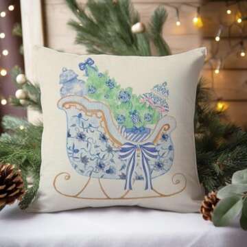 PANDICORN Christmas Blue and White Chinoiserie Throw Pillow Covers 18x18 Inch Nutcracker Sleigh Christmas Tree Bow Green Outdoor Grandmillennial Decorations Xmas Pillow Cases Set of 4 for Couch Decor