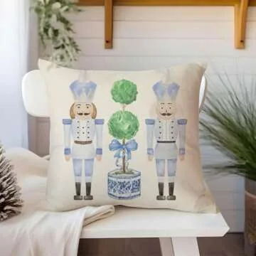 PANDICORN Christmas Blue and White Chinoiserie Throw Pillow Covers 18x18 Inch Nutcracker Sleigh Christmas Tree Bow Green Outdoor Grandmillennial Decorations Xmas Pillow Cases Set of 4 for Couch Decor