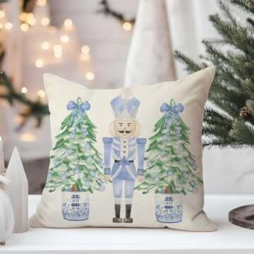 PANDICORN Christmas Blue and White Chinoiserie Throw Pillow Covers 18x18 Inch Nutcracker Sleigh Christmas Tree Bow Green Outdoor Grandmillennial Decorations Xmas Pillow Cases Set of 4 for Couch Decor