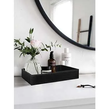 HofferRuffer Faux Leather Vanity Tray, Elegant Desktop Storage Organizer, Decorative Catchall Perfume Tray, Bathroom Valet Tray, Nightstand or Dresser Organizer, Black, 10.2 x 8.4 x 1.8 inches
