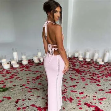 Women Sexy Crochet Maxi Dress Cut Out Halter V Neck Backless Knit Bodycon Long Dress Summer Beach Evening Party Dresses Pink