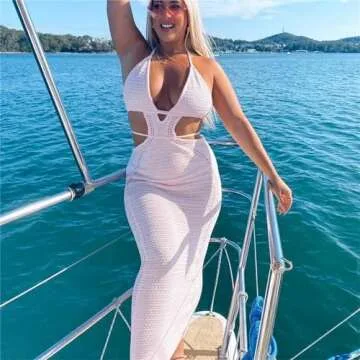 Women Sexy Crochet Maxi Dress Cut Out Halter V Neck Backless Knit Bodycon Long Dress Summer Beach Evening Party Dresses Pink