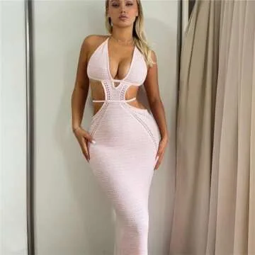 Women Sexy Crochet Maxi Dress Cut Out Halter V Neck Backless Knit Bodycon Long Dress Summer Beach Evening Party Dresses Pink