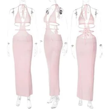 Women Sexy Crochet Maxi Dress Cut Out Halter V Neck Backless Knit Bodycon Long Dress Summer Beach Evening Party Dresses Pink