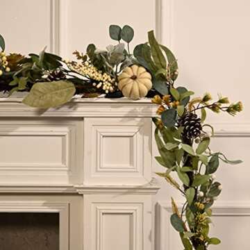 Valery Madelyn 6 feet Fall Garland, Hanging Artificial Eucalyptus Garland with White Pumpkin Pinecone Berries Leaves, Autumn Garland Thanksgiving Decor for Mantle Outdoor Home Party Fireplace Door