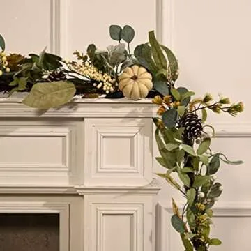 Valery Madelyn 6 feet Fall Garland, Hanging Artificial Eucalyptus Garland with White Pumpkin Pinecone Berries Leaves, Autumn Garland Thanksgiving Decor for Mantle Outdoor Home Party Fireplace Door