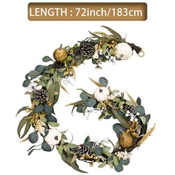 Valery Madelyn 6 feet Fall Garland, Hanging Artificial Eucalyptus Garland with White Pumpkin Pinecone Berries Leaves, Autumn Garland Thanksgiving Decor for Mantle Outdoor Home Party Fireplace Door