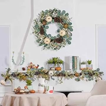 Valery Madelyn 6 feet Fall Garland, Hanging Artificial Eucalyptus Garland with White Pumpkin Pinecone Berries Leaves, Autumn Garland Thanksgiving Decor for Mantle Outdoor Home Party Fireplace Door