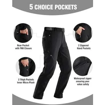 FREE SOLDIER Men's Fleece Lined Outdoor Cargo Hiking Pants Water Repellent Softshell Snow Ski Pants with Zipper Pockets (Black 36W x 32L)