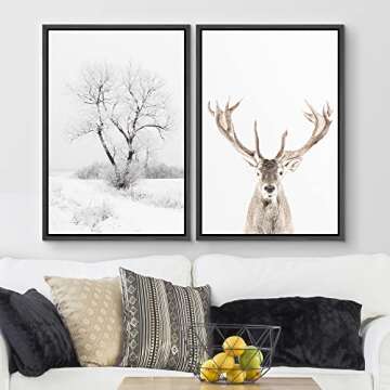 wall26 Framed Canvas Wall Art Print Set Winter Forest Tree and Brown Mountain Deer Portrait Nature A...
