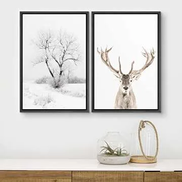 wall26 Framed Canvas Wall Art Print Set Winter Forest Tree and Brown Mountain Deer Portrait Nature Animals Photography Modern Rustic Multicolor for Living Room, Bedroom, Office - 24"x36"x2 Black
