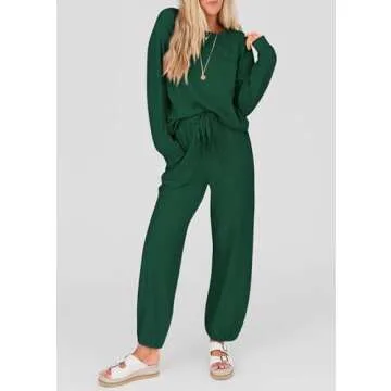 KIRUNDO Women's Spring 2 Piece Outfits Ribbed Knit Lounge Sets Long Sleeve Pullover Drawstring Jogger Pants Tracksuit Set(Dark Green, Medium)