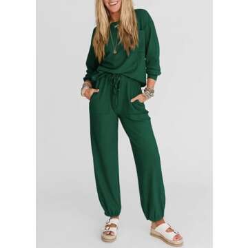 KIRUNDO Women's Spring 2 Piece Outfits Ribbed Knit Lounge Sets Long Sleeve Pullover Drawstring Jogger Pants Tracksuit Set(Dark Green, Medium)