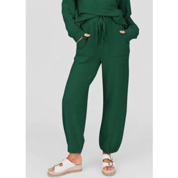 KIRUNDO Women's Spring 2 Piece Outfits Ribbed Knit Lounge Sets Long Sleeve Pullover Drawstring Jogger Pants Tracksuit Set(Dark Green, Medium)