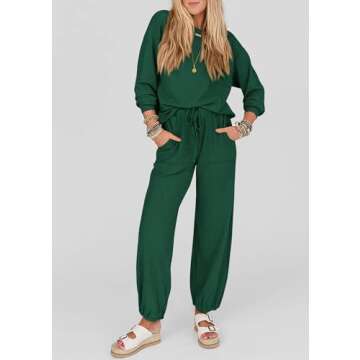 KIRUNDO Women's Spring 2 Piece Outfits Ribbed Knit Lounge Sets Long Sleeve Pullover Drawstring Jogger Pants Tracksuit Set(Dark Green, Medium)