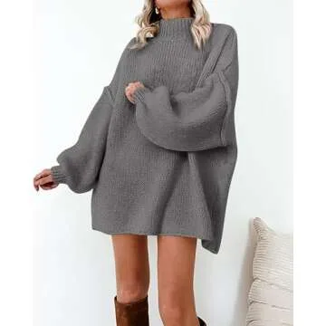 BTFBM Women's Long Pullover Sweaters 2024 Fall Winter Mock Neck Long Sleeve Thick Oversized Casual Knitted Jumper Tops(Grey, Medium)