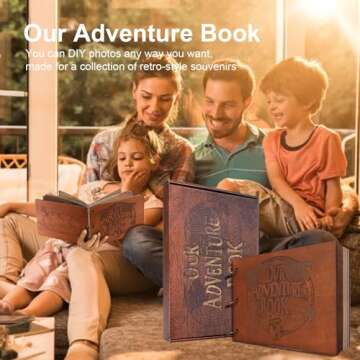 Our Adventure Book 3D Wooden Scrapbook Photo Album, Retro Travelling Journal Memory Book For Anniversary,For Vintage Guestbook DIY Wedding Gift,60 Pages+ 19 Scrapbook Sticker,Valentine's Day Gifts