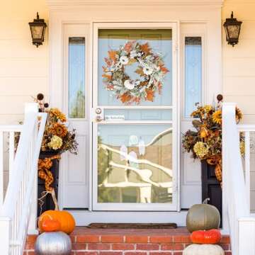 Sggvecsy Fall Wreath 20’’ Autumn Front Door Wreath Harvest Wreath with Pumpkins Lambs Ear Grain ...