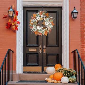 Sggvecsy Fall Wreath 20’’ Autumn Front Door Wreath Harvest Wreath with Pumpkins Lambs Ear Grain Cluster of Berries Maple Leaves Pine Cones for Outside Indoor Wall Festival Thanksgiving Autumn Decor