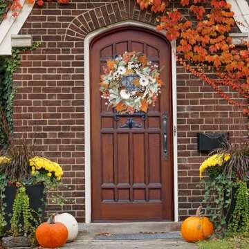 Sggvecsy Fall Wreath 20’’ Autumn Front Door Wreath Harvest Wreath with Pumpkins Lambs Ear Grain Cluster of Berries Maple Leaves Pine Cones for Outside Indoor Wall Festival Thanksgiving Autumn Decor