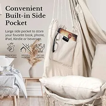KOMOREBI Hammock Chair - 60" x 47" - Hanging Rope Swing for Indoor & Outdoor - Soft & Durable Cotton Canvas - 2 Cushions Included - Large Macrame Hanging Chair for Bedroom, Patio, Porch (Ivory)