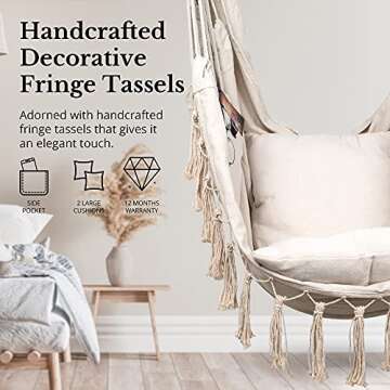 KOMOREBI Hammock Chair - 60" x 47" - Hanging Rope Swing for Indoor & Outdoor - Soft & Durable Cotton Canvas - 2 Cushions Included - Large Macrame Hanging Chair for Bedroom, Patio, Porch (Ivory)