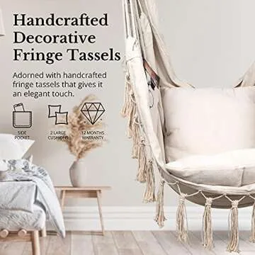 KOMOREBI Hammock Chair - 60" x 47" - Hanging Rope Swing for Indoor & Outdoor - Soft & Durable Cotton Canvas - 2 Cushions Included - Large Macrame Hanging Chair for Bedroom, Patio, Porch (Ivory)