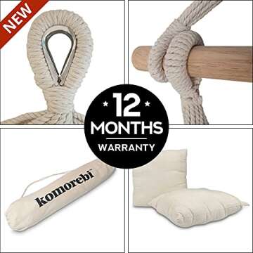 KOMOREBI Hammock Chair - 60" x 47" - Hanging Rope Swing for Indoor & Outdoor - Soft & Durable Cotton Canvas - 2 Cushions Included - Large Macrame Hanging Chair for Bedroom, Patio, Porch (Ivory)