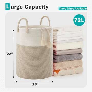 Cotton Rope Laundry Basket by YOUDENOVA, 72L Woven Collapsible Laundry Hamper, Clothes Hamper with R...