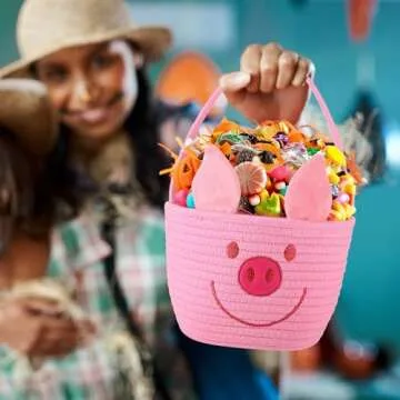 Teenyyou Halloween Trick or Treat Basket with Handle Cute Halloween Bucket Cotton Rope Woven Candy Bag Pumpkin Witch Cat Pig Storage Basket for Halloween Party Favor(1 Pack,Pink Pig)
