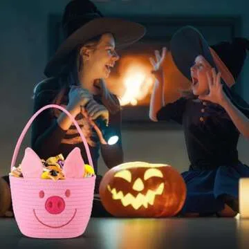 Teenyyou Halloween Trick or Treat Basket with Handle Cute Halloween Bucket Cotton Rope Woven Candy Bag Pumpkin Witch Cat Pig Storage Basket for Halloween Party Favor(1 Pack,Pink Pig)