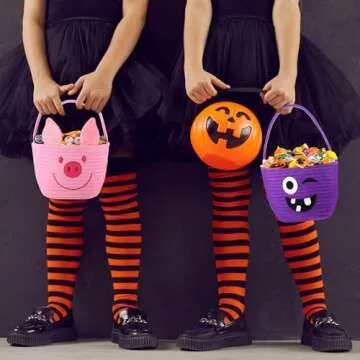 Teenyyou Halloween Trick or Treat Basket with Handle Cute Halloween Bucket Cotton Rope Woven Candy Bag Pumpkin Witch Cat Pig Storage Basket for Halloween Party Favor(1 Pack,Pink Pig)