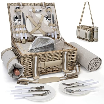 31Pcs Picnic Basket Set for 4 with Insulated Liner and Waterproof Blanket Wine Pouch, Large Wicker P...