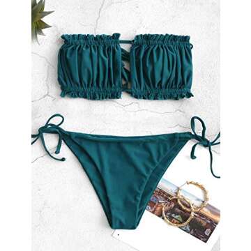 ZAFUL Ruffle Tie Side Low Waisted Bandeau Bikini Swimsuit